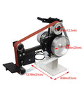 Heavy-Duty Shop Beast 71 Inch Belt Grinder Vertical And Horizontal Modes With Stepless Speed Adjustment Up To 2840 RPM Comes Loaded With Three Grinding Wheels For Tough Jobs 1500W 110V Powered with marked dimensions.