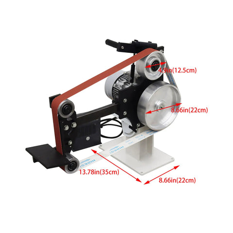 Heavy-Duty Shop Beast 71 Inch Belt Grinder Vertical And Horizontal Modes With Stepless Speed Adjustment Up To 2840 RPM Comes Loaded With Three Grinding Wheels For Tough Jobs 1500W 110V Powered with marked dimensions.