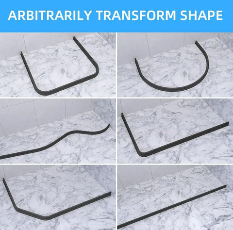67 Inch Collapsible Shower Water Dam Barrier for Wet Dry Separation Keeps Water Inside Threshold in Bathrooms and Kitchens Foldable Waterproof Seal Easy Step On and Off Durable Home Bath Accessory shown in multiple shapes on marble surface