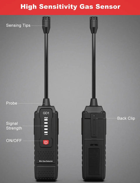 Front and back view of Portable Gas Leak Detector And Sniffer For Methane, Natural Gas, Propane, And Other Flammable Vapors Detect Ethanol.