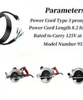Heavy Duty Circular Saw Power Cord Replacement Part 95104L 8.2ft 3 prong type with technical parameters for Skil Worm Drive Saws.