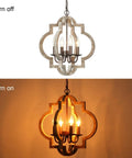 Orb 4 Light Farmhouse Chandelier With Handmade Wood Frame, Bronze And Walnut Finish, shown off and on with warm glow.
