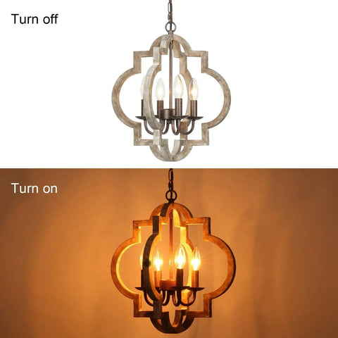 Orb 4 Light Farmhouse Chandelier With Handmade Wood Frame, Bronze And Walnut Finish, shown off and on with warm glow.