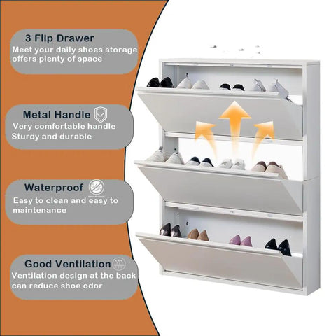 Slim 3 Flip Drawer Shoe Storage Cabinet, Hidden Narrow Wall Mount Metal Shoe Rack For Entryway, White, showcasing features