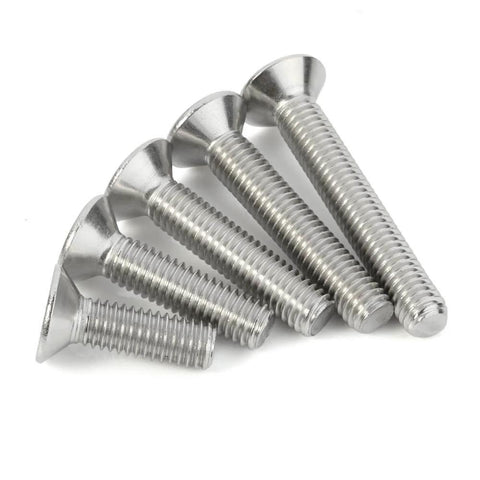 Assorted M6 Flat Head Socket Cap Screws available in 20, 25, 30, 35, and 40mm lengths with 4mm Allen drive, DIN 7991, stainless steel 304 bright finish