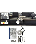 Top Tier 750W Heavy Duty Bench Metal Lathe Featuring MT4 Spindle Taper And Dual Speed Settings From 115 To 1620 Rpm with tools and accessories.