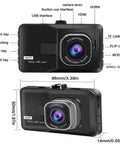 Front and side views of 3 Inch 1080P High Definition Dash Cam For Cars With 24 Hour Recording And 170 Degree Wide Angle View Crystal Clear Night Vision G Sensor Parking Monitoring Loop Recording And Motion Detection, highlighting buttons and ports.