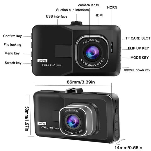 Front and side views of 3 Inch 1080P High Definition Dash Cam For Cars With 24 Hour Recording And 170 Degree Wide Angle View Crystal Clear Night Vision G Sensor Parking Monitoring Loop Recording And Motion Detection, highlighting buttons and ports.