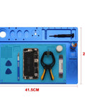 Naturally Rock Solid Microscope Stand With Tight Grip Stainless Steel Bracket And Beefy Aluminum Alloy Phone Repair Workpad Black Pro Level Tech Rig Platform on blue workpad with tools and phone.