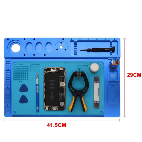 Naturally Rock Solid Microscope Stand With Tight Grip Stainless Steel Bracket And Beefy Aluminum Alloy Phone Repair Workpad Black Pro Level Tech Rig Platform on blue workpad with tools and phone.