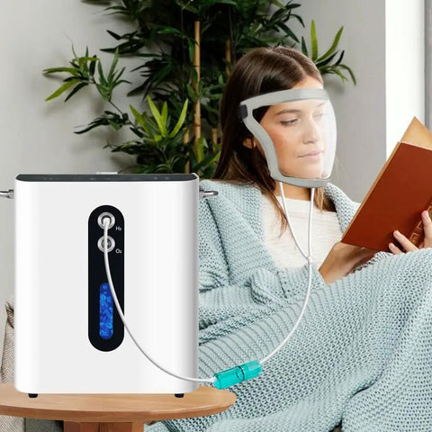 Woman using Hydrogen Inhaler Face Mask For Skin Health And Glow Up H2 Gas Inhalation Facial Mask with oxygen therapy at home.