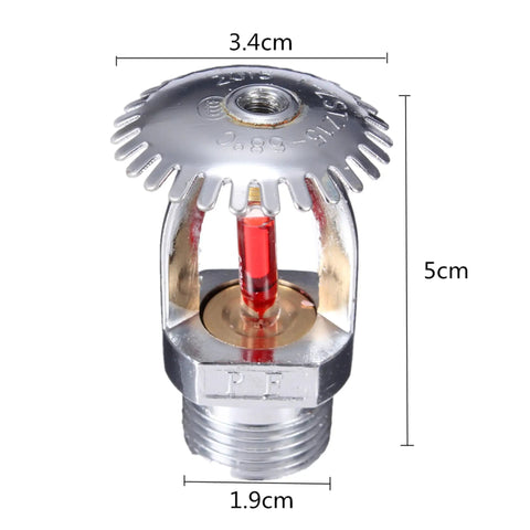 Heavy Duty Upright Fire Sprinkler Head With 68 Celsius Red Glass Bulb And Durable Copper Alloy Frame Finished In Polished Chrome, dimensions 5cm x 3.4cm x 1.9cm.