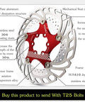Front view: floating disc brake rotor with red center; 140/160/180/203mm, 6-bolt, 7075-T6 aluminum core, stainless steel