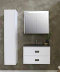 Bathroom vanity with Six Pack Recessed Drawer Pulls Trap Door Pull For Cabinets And Closets, installed in drawers.