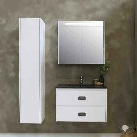 Bathroom vanity with Six Pack Recessed Drawer Pulls Trap Door Pull For Cabinets And Closets, installed in drawers.