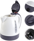 Road Trip Ready 12V Electric Hot Water Kettle, stainless steel interior, auto shutoff, open lid and handle features.