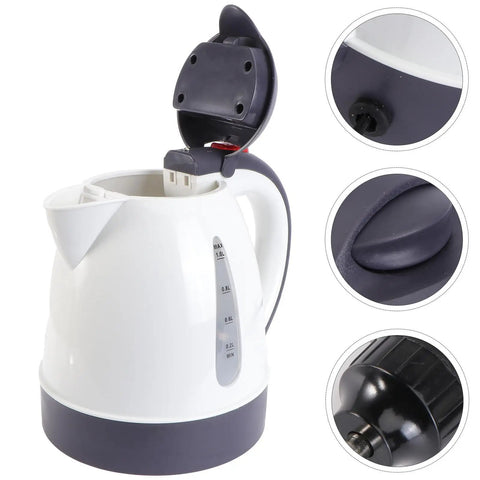 Road Trip Ready 12V Electric Hot Water Kettle, stainless steel interior, auto shutoff, open lid and handle features.