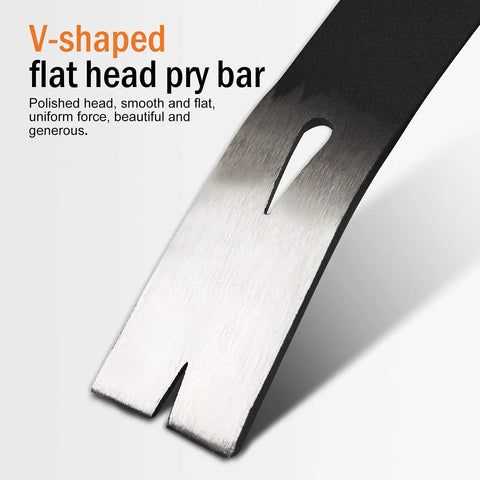 Close-up of the V-shaped flat head of a 15 Inch Crow Bar Tool For Prying, Scraping, Lifting And Nail Pulling.