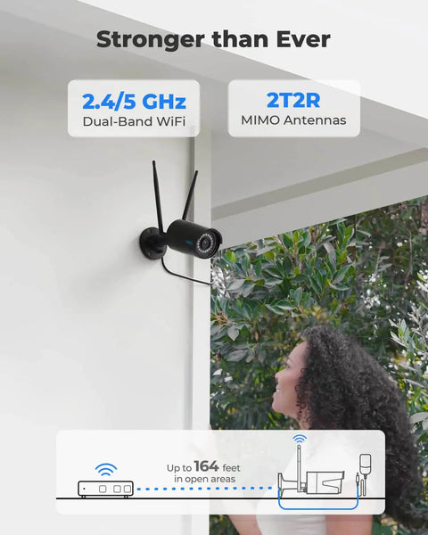 Outdoor 4MP WiFi Security Camera With Night Vision And IP66 Weatherproof Build mounted outside on wall with antennas visible