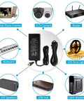 Rock Solid 12V 5A 60W AC to DC Power Supply Adapter for LED Strips shown with compatible devices in diagram