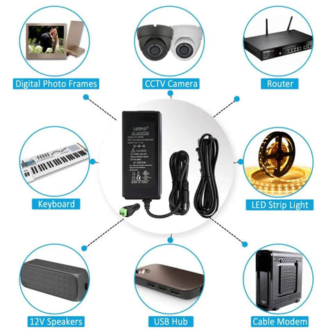 Rock Solid 12V 5A 60W AC to DC Power Supply Adapter for LED Strips shown with compatible devices in diagram