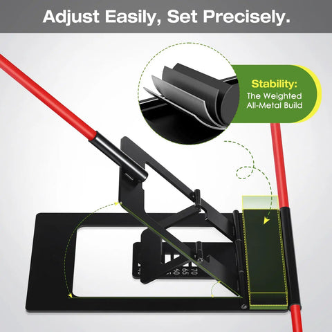 Ultimate Golf Alignment Sticks Holder With Angle Adjustable Training Aid showing black base with red rods
