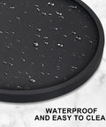 Close-up of a waterproof 10-inch round wooden lazy Susan turntable tray, showcasing water droplets on its surface.