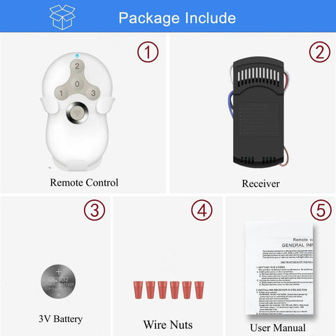 Universal Ceiling Fan Remote Control Kit With 3 Speed Light Dimmer includes remote, receiver, 3V battery, wire nuts, manual