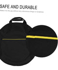 Rock Solid Marching Cymbal Bag With Sickly Padded Cushioning Spacious Zippered Pockets For Drums Sticks And Sheet Music Heavy Duty Oxford Fabric Built For Travel, black fabric with yellow detailing.