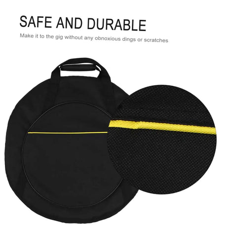 Rock Solid Marching Cymbal Bag With Sickly Padded Cushioning Spacious Zippered Pockets For Drums Sticks And Sheet Music Heavy Duty Oxford Fabric Built For Travel, black fabric with yellow detailing.