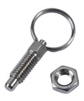 Solid As A Rock 4 Piece Stainless Steel Indexing Plunger Pins With Spring Loaded Knobs For Precision Positioning Heavy Duty Furniture Assembly And Industrial Mounting Gear, showcasing a plunger pin with nut.