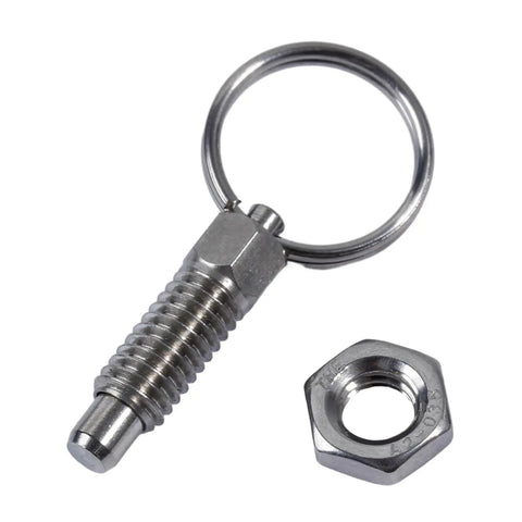 Solid As A Rock 4 Piece Stainless Steel Indexing Plunger Pins With Spring Loaded Knobs For Precision Positioning Heavy Duty Furniture Assembly And Industrial Mounting Gear, showcasing a plunger pin with nut.