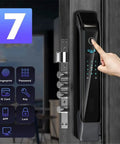 Built Different Fingerprint Smart Door Lock With Keyless Biometric Entry Auto Lock And Dead Secure Anti Theft Alarm For Foolproof Home And Business Security featuring a hand activating the fingerprint sensor.
