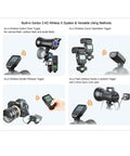 Diagram showing uses of XProC Canon TTL Wireless Flash Trigger with high speed sync and large screen for various flash setups.