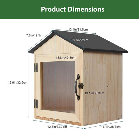Outdoor Wooden Little Library Box For DIY Book Exchange with pine wood, glass door, and handle, dimensions labeled.