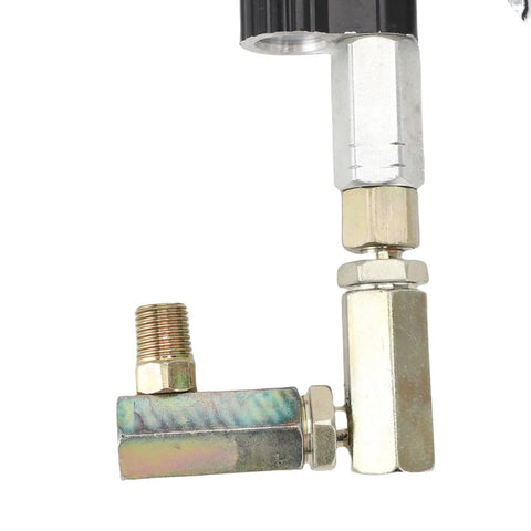 Close-up of Beefed Up Pneumatic Grease Gun with aluminum alloy fittings, 400 bar high-pressure performance for industrial use.
