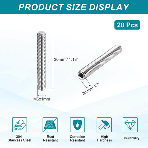 20 Pcs M6-1 X 30mm Grub Screws 304 Stainless Steel Cup Point Hex Socket Drive Allen Head Set Screws For Bathroom Fixtures Repair Furniture DIY Projects And More, showing size details.