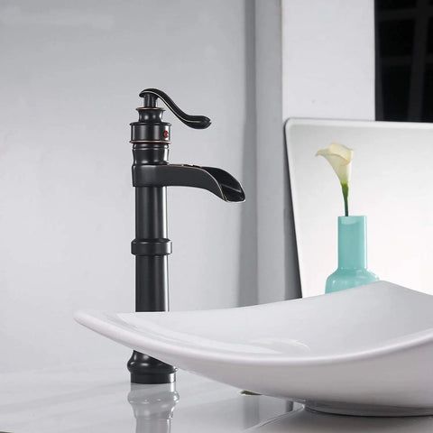 Oil Rubbed Bronze Vessel Sink Faucet With Tall Waterfall Spout Single Hole Deck Mount One Handle Farmhouse Style Bathroom Faucet