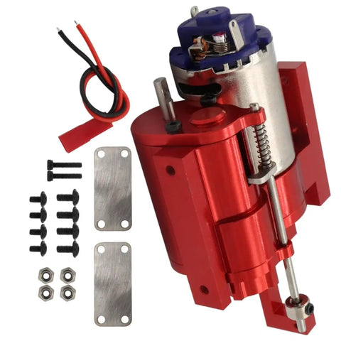 Three Generation Full Metal RC Car Gearbox Transmission Kit With Servo Upgrade, red metal components and mounting hardware displayed.