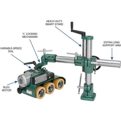 Pro Grade Three Roller Variable Speed Power Feeder With Brushless 220V Motor showcasing variable-speed dial and heavy-duty smart stand.