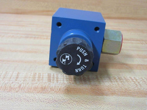 Bosch Rexroth R900978977 AF6EA40Z250V hydraulic valve with black push and turn button, 1/2" NPT and 1/4" NPT ports