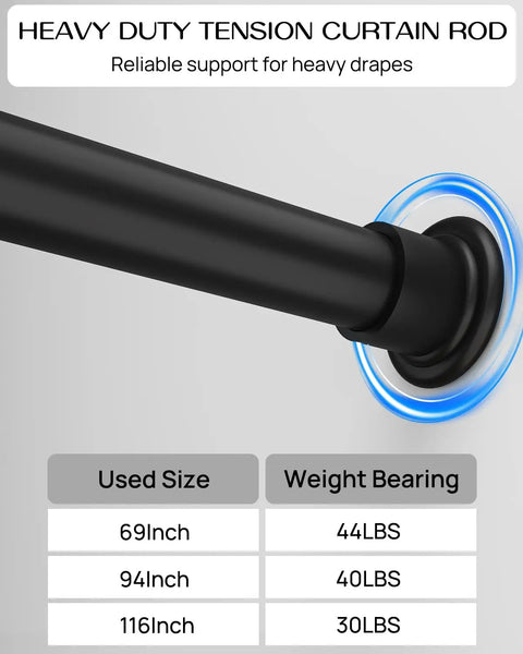 Heavy Duty Tension Curtain Rod For Windows 42 To 123 Inches, Spring Loaded No Drill Install with size and weight details
