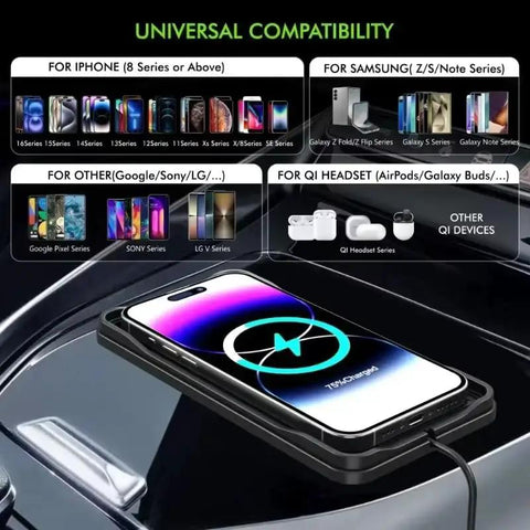 Universal compatibility chart for Robust Car Wireless Charger Pad Featuring Raised Camera Bumper Rim For Grippy Dashboard Placement And Quick Phone Juice Up Charging Compatible With Chevy Volt Bolt Vehicles.
