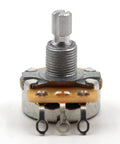 Electric guitar potentiometer, 500k CTS audio taper, split-shaft, threaded metal body, orange base, 3 terminals.