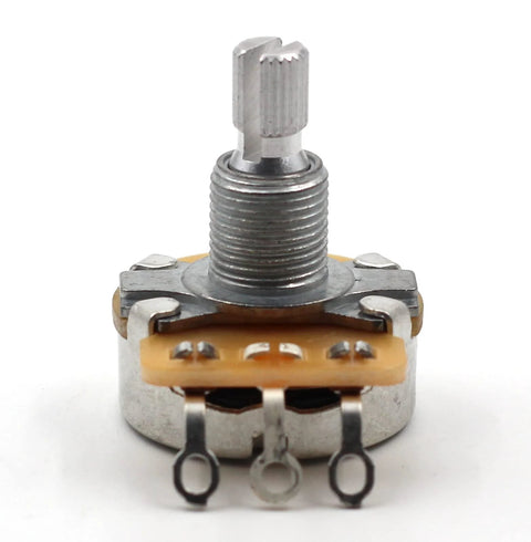 Electric guitar potentiometer, 500k CTS audio taper, split-shaft, threaded metal body, orange base, 3 terminals.