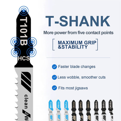Craluuur 30-piece T-shank jigsaw blades set for wood, metal and plastic; blue and black blades shown