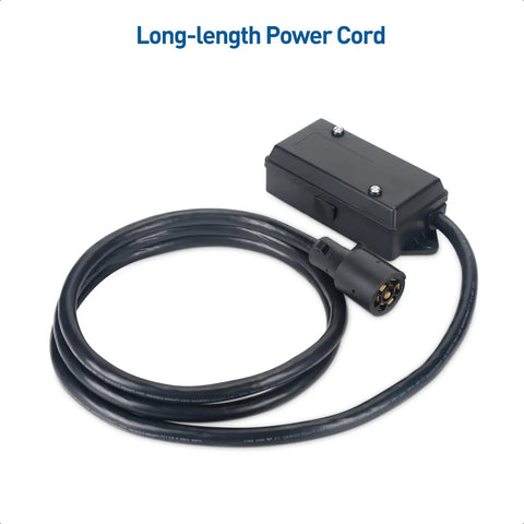 Solid 7 Way Trailer Wiring Harness With Junction Box For Rv Camper Hookups Matte Black Shell with long power cord and connector.