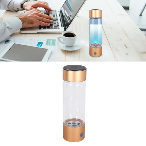Portable Hydrogen Water Bottle With Nasal Inhalation Hose 410ml on desk, next to laptop and coffee cup, showcasing ease of use.