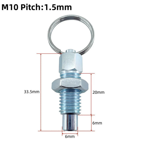 Heavy Duty Four Pack Carbon Steel Spring Plunger With Pull Ring M10x1.5 Retractable Indexing Pin shown with measurements.