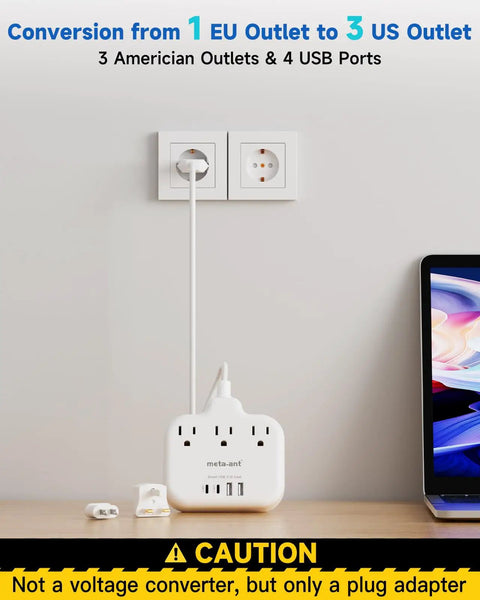 US To Europe Travel Plug Adapter With Three US Outlets And Four USB Ports, power strip plugged into European socket on wall